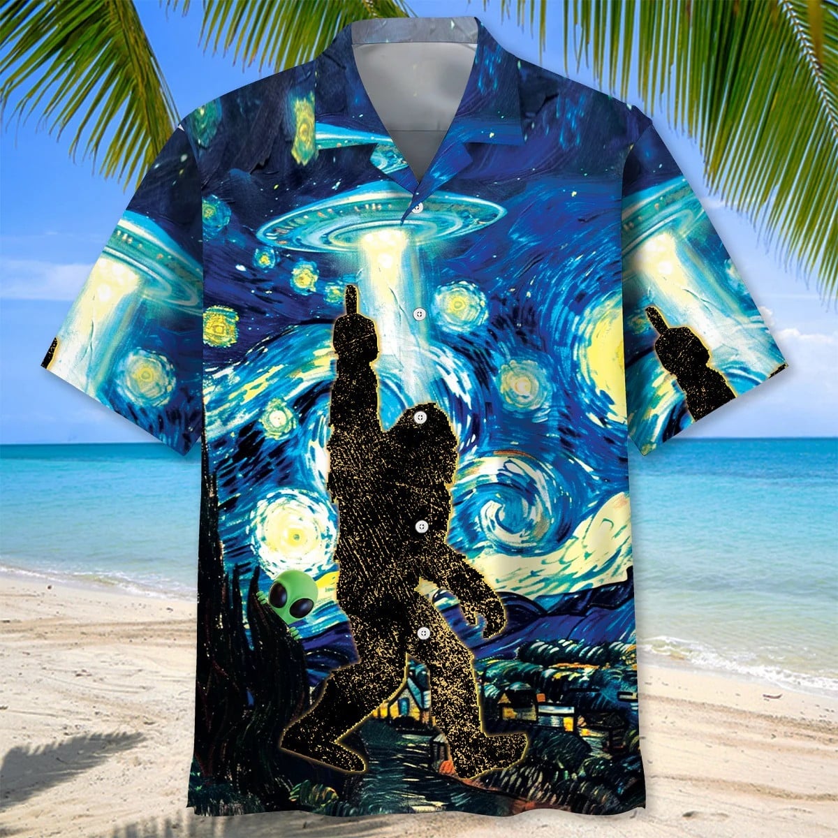 Bigfoot Alien Stalk Hawaiian Shirt Sasquatch UFO Button Up Shirt Gifts Ideas For Him