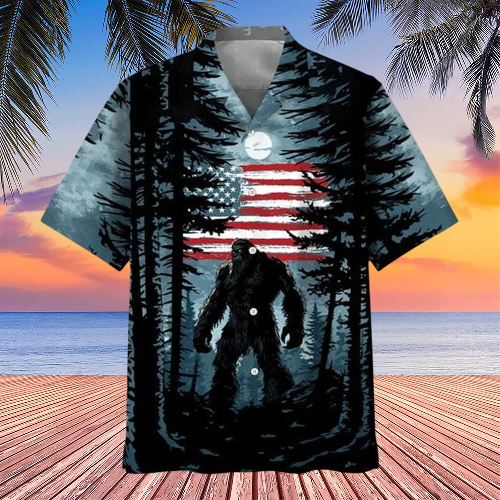 Bigfoot Alien UFO Forest Tattoo Hawaiian Shirt US Flag Sasquatch Shirt Bigfoot Christmas Gifts