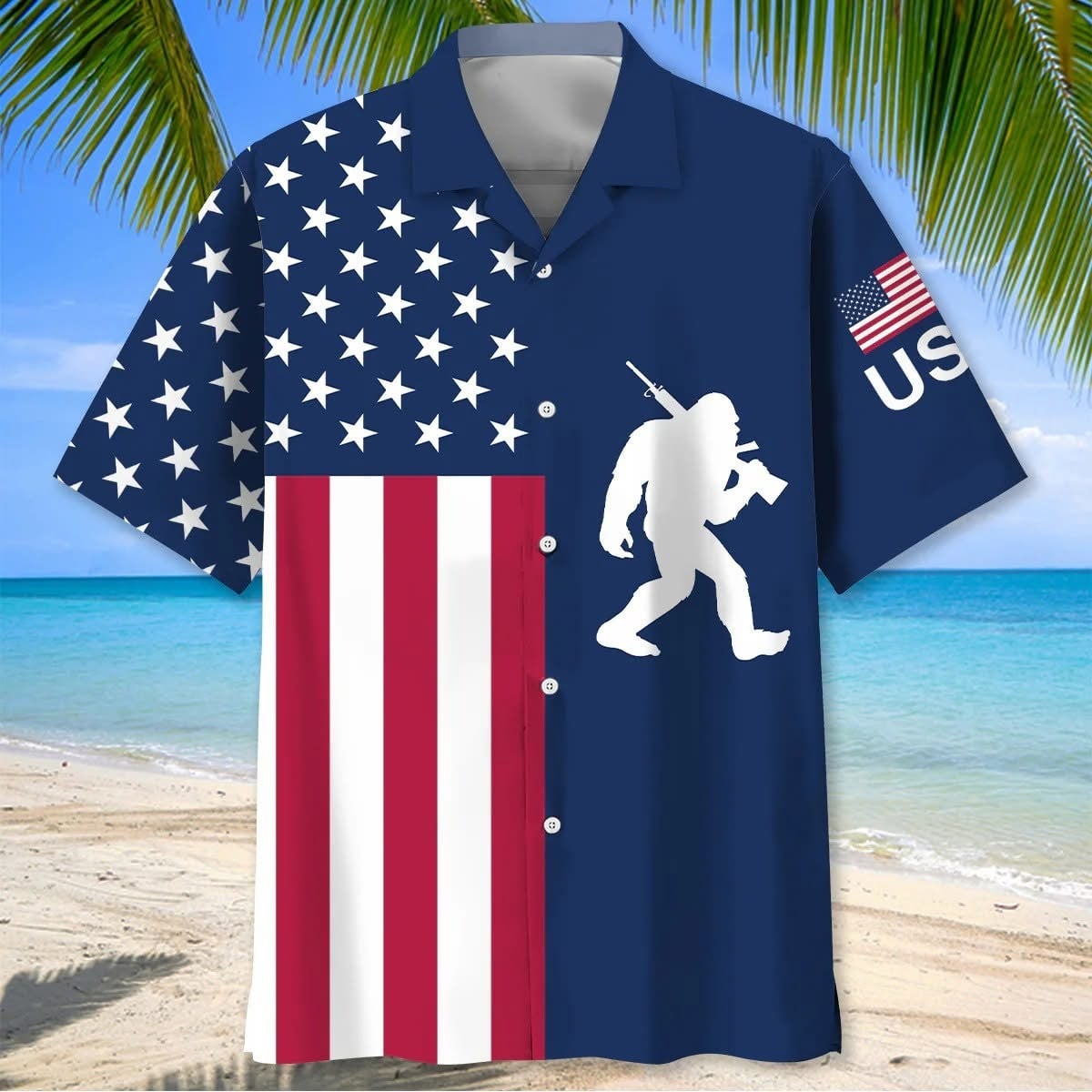 Bigfoot American Flag Hawaiian Shirt Patriotic Sasquatch Aloha Shirt Themed Gifts