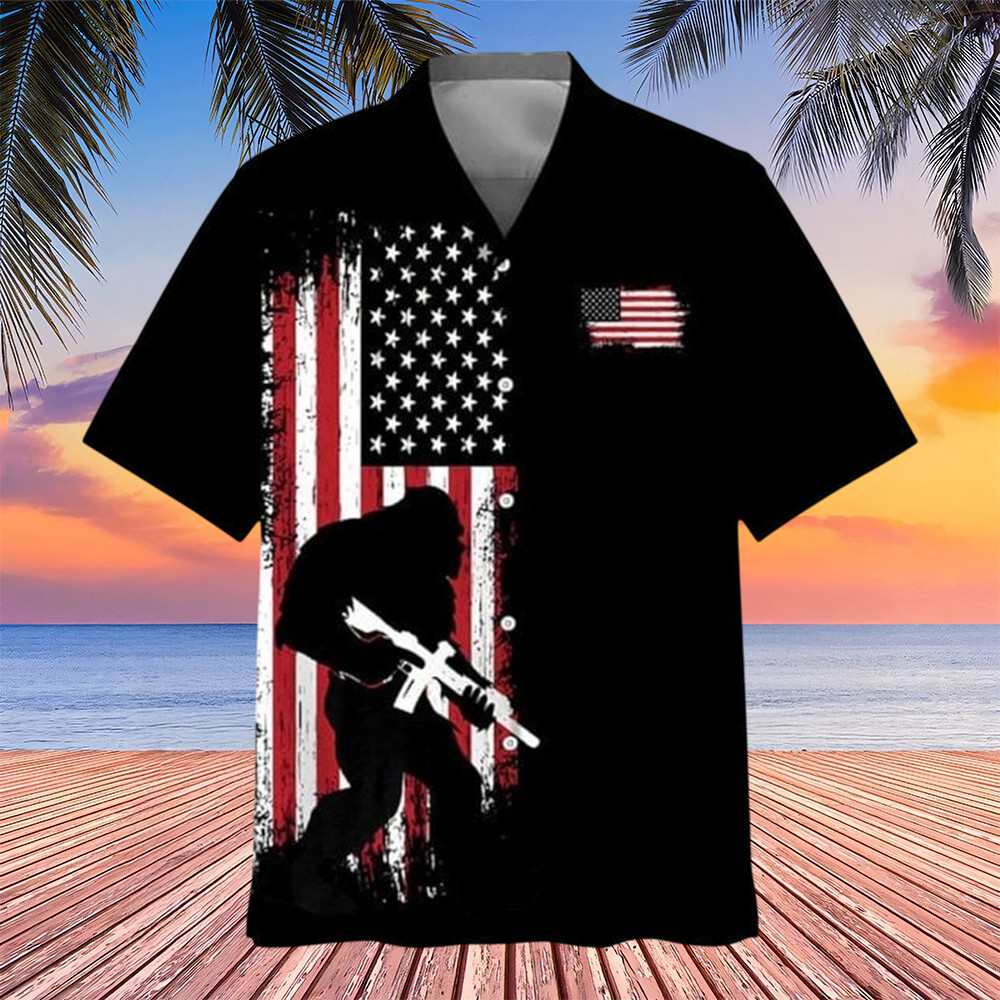 Bigfoot American Flag Patriotic Hawaiian Shirt Bigfoot Soldier Shirt Sasquatch Themed Gifts