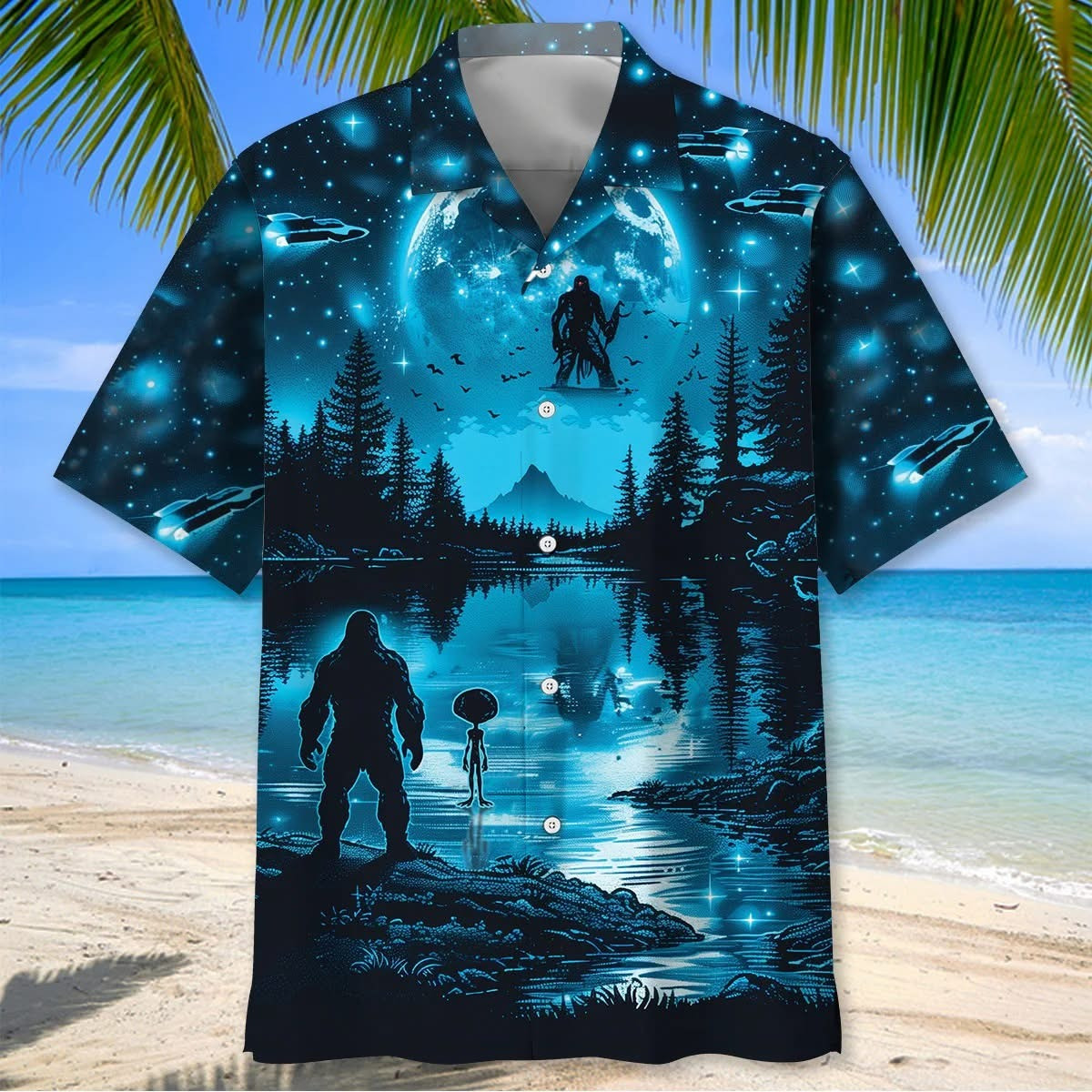 Bigfoot And UFO Under Full Moon Hawaiian Shirt Sasquatch Alien Button Up Shirt Gifts For Men