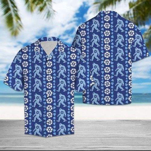 Bigfoot Blue Floral Hawaiian Shirt Tropical Aloha Button Up