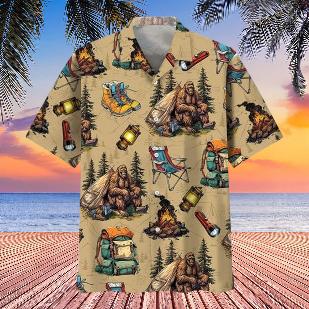 Bigfoot Camping Vintage Hawaiian Shirt Bigfoot Themed Clothing Gifts For Camping Lovers