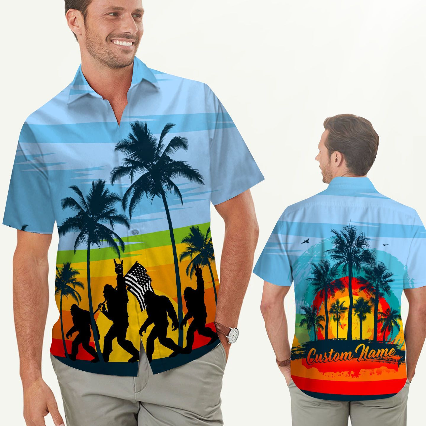 Bigfoot Coconut Tree Personalized Men Hawaiian Shirt Tropical Aloha Button Up