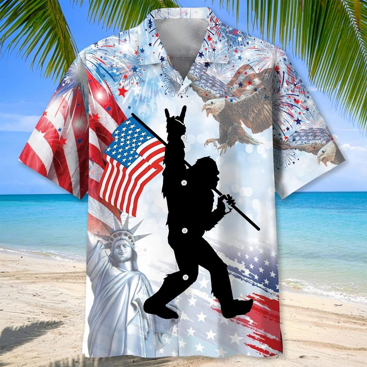 Bigfoot Eagle American Flag Hawaiian Shirt Patriotic Sasquatch Aloha Shirt Apparel