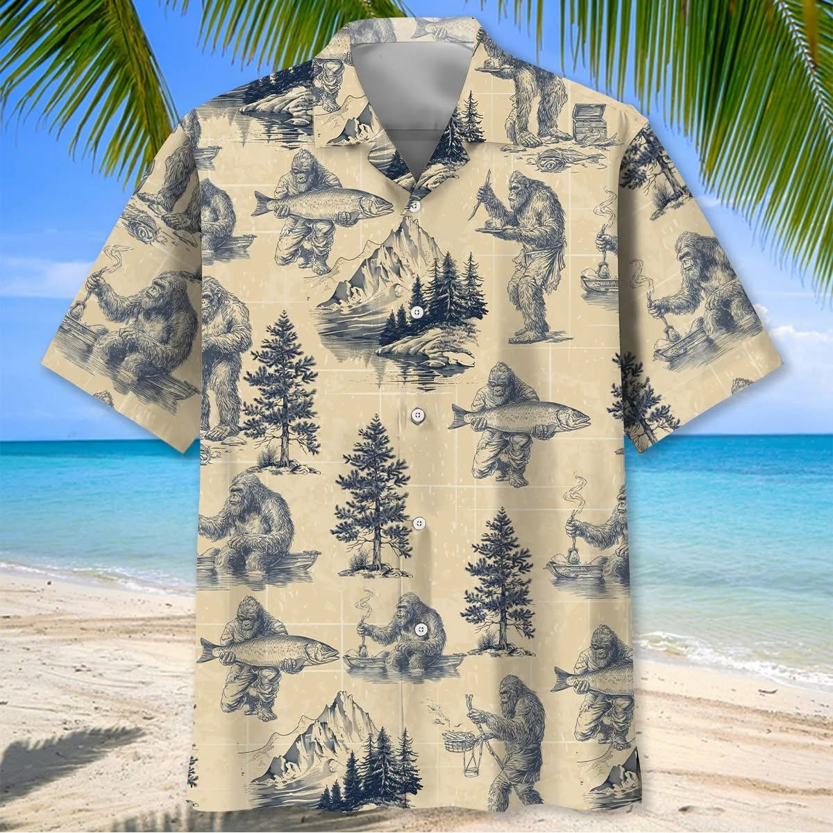 Bigfoot Go Fishing Hawaiian Shirt Tropical Fisherman Button Up Shirt Gifts For Brother