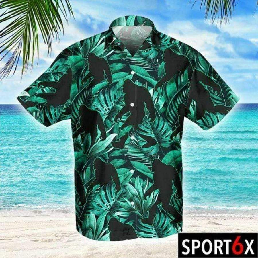 Bigfoot Green Funky Hawaiian Shirt Tropical Aloha Button Up