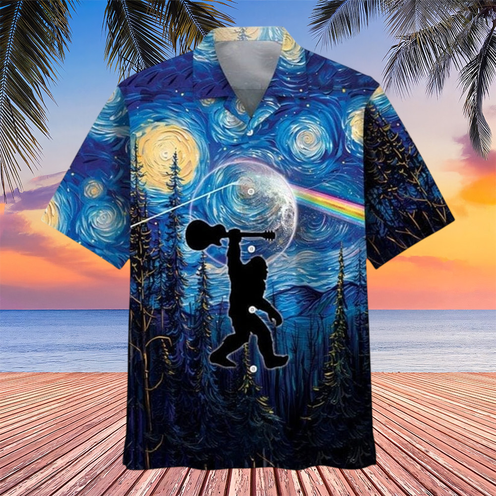 Bigfoot Guitar Starry Night Hawaiian Shirt Sasquatch Rock Star Shirt Pink Floyd Lovers Gifts