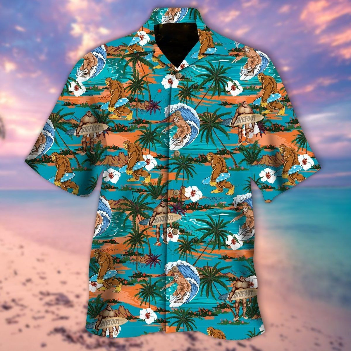 Bigfoot Hawaiian Shirt Tropical Aloha Button Up