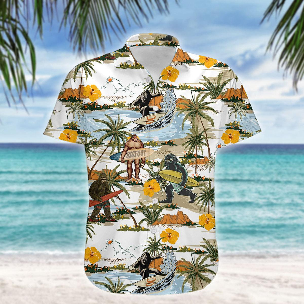 Bigfoot Hawaiian Shirt Tropical Aloha Button Up