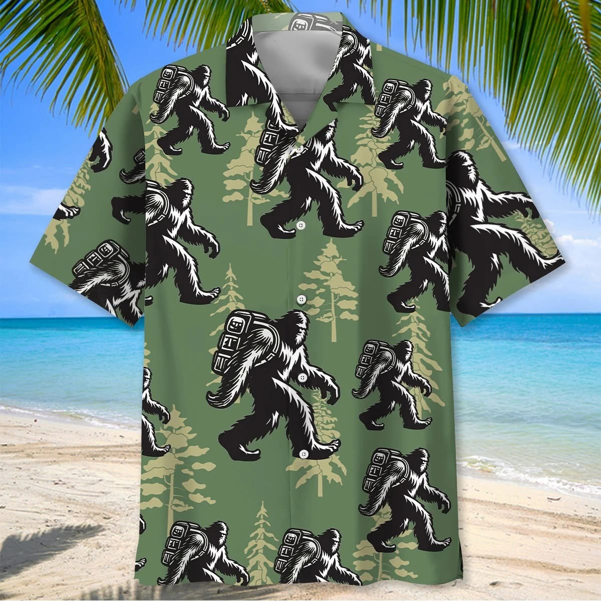 Bigfoot Hiking Gold Tree Hawaiian Shirt Sasquatch Aloha Shirt Unique Bigfoot Gifts