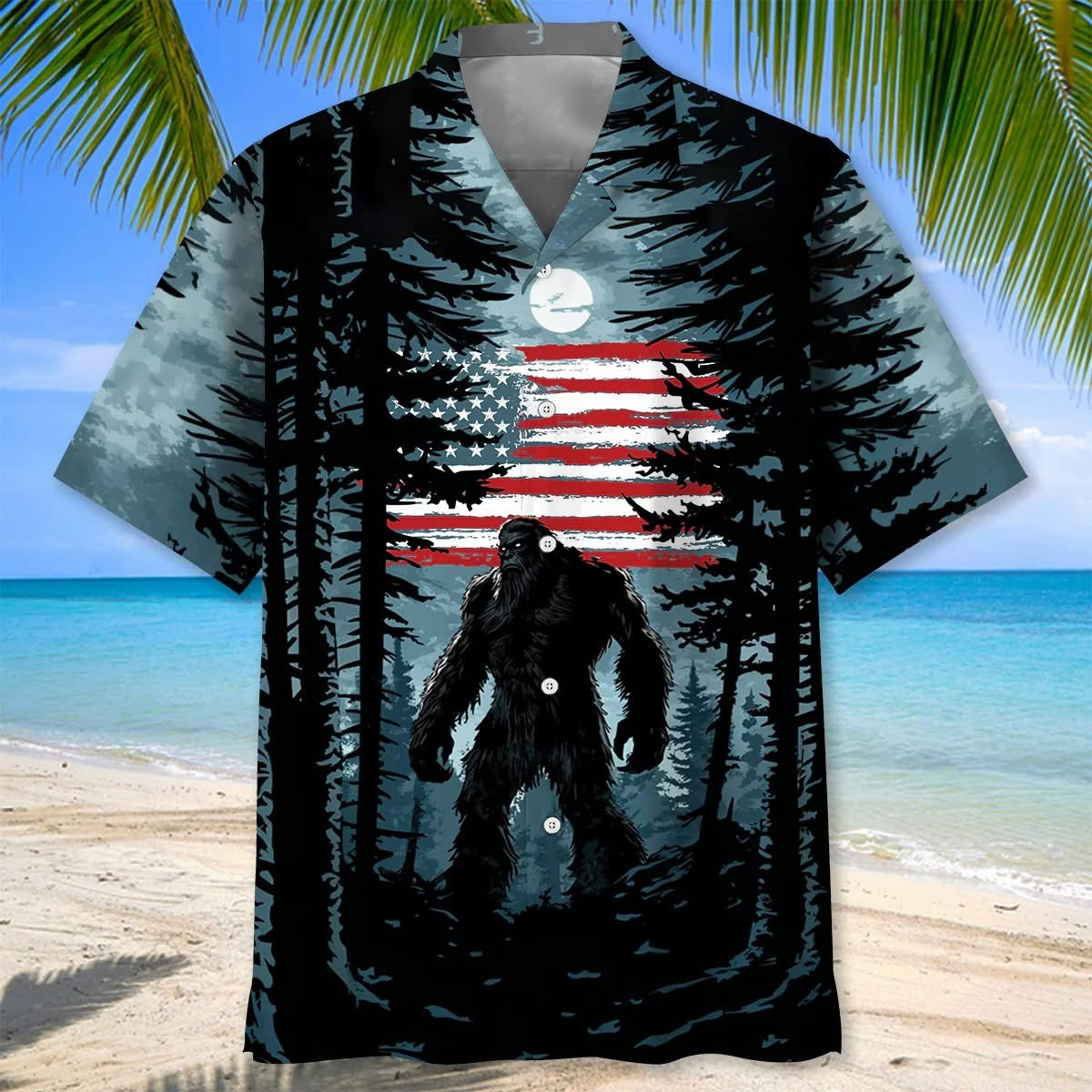 Bigfoot In Forest American Flag Hawaiian Shirt Men's Sasquatch Gifts For Adults For Him