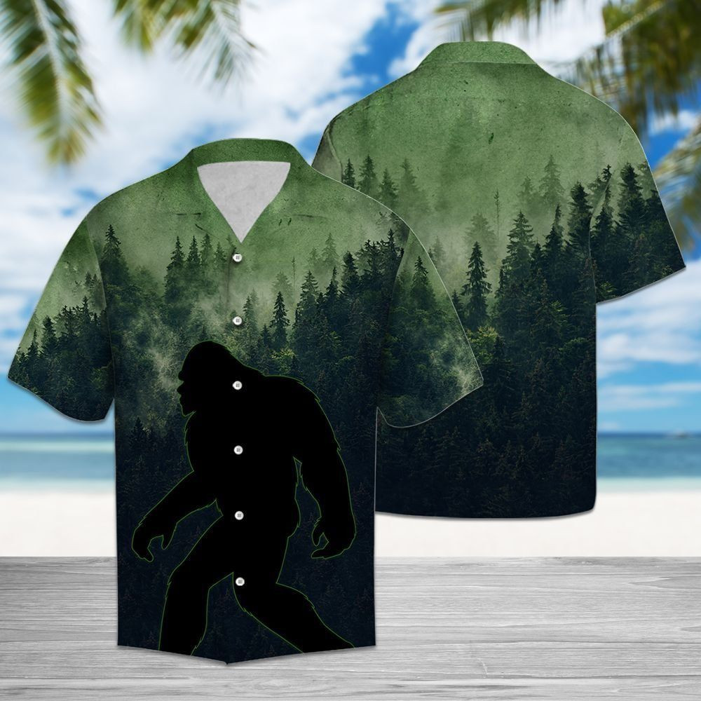 Bigfoot Night Forest Hawaiian Shirt Tropical Aloha Button Up