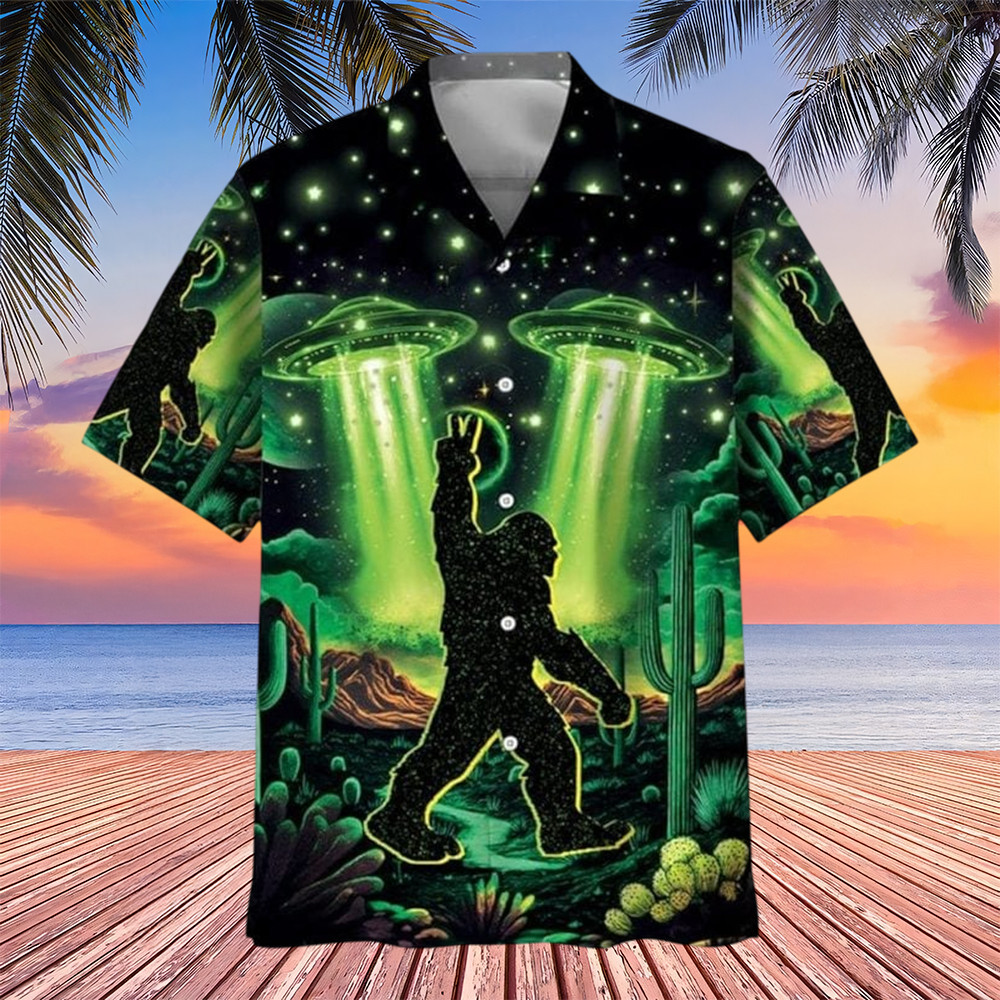 Bigfoot Strolls In A Desert Night Hawaiian Shirt Outer Space Entity Vibe Shirt Big Foot Gift Ideas