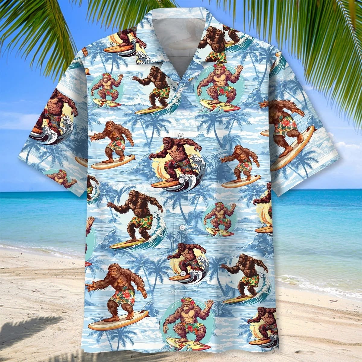 Bigfoot Surfing Hawaiian Shirt Summer Beach Aloha Shirt Vacation Themed Sasquatch Gifts