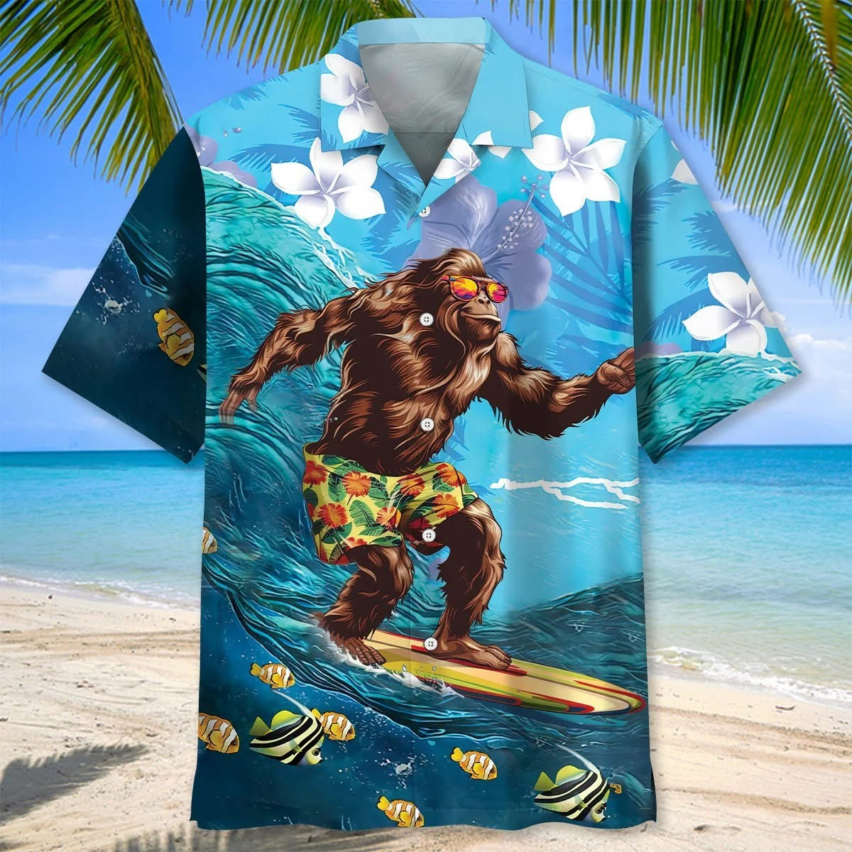 Bigfoot Surfing Hibiscus Hawaiian Shirt Funny Summer Sasquatch Aloha Shirt Best Gifts