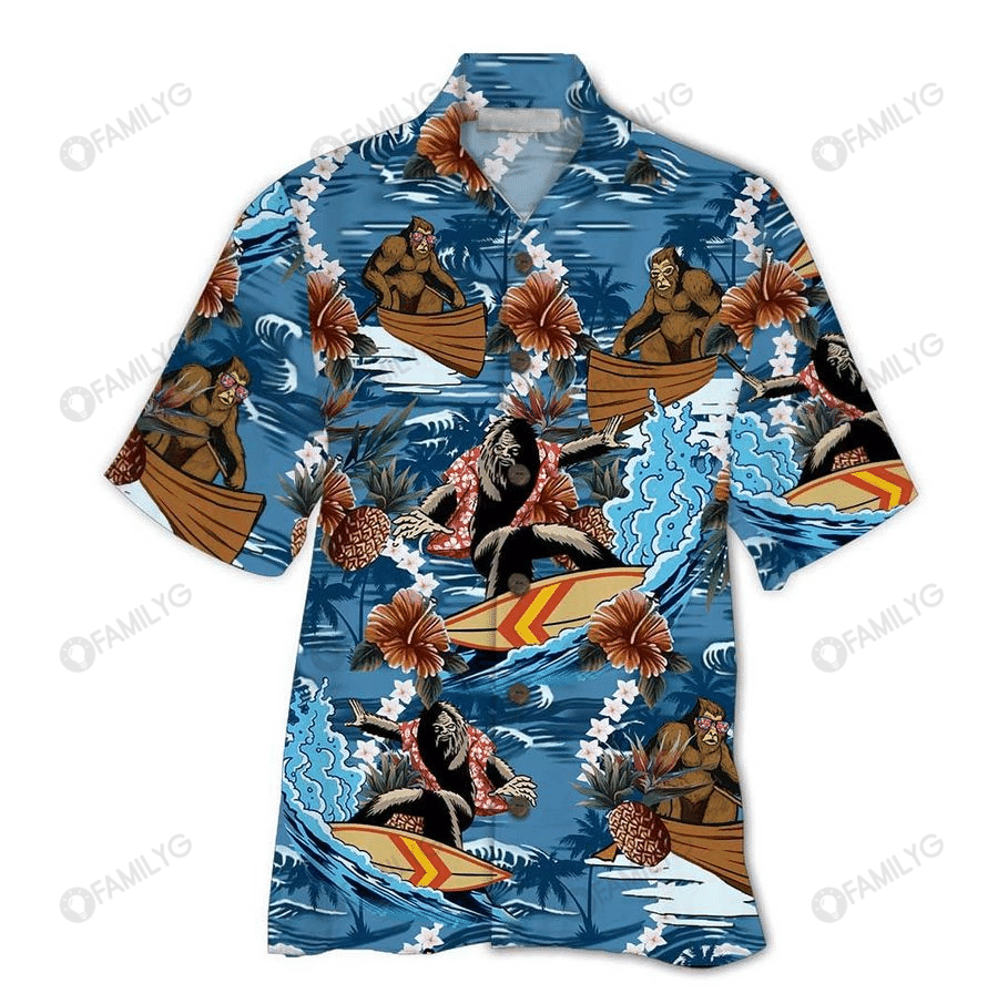 Bigfoot Surfing On The Beach - Bigfoot Hawaiian Shirt Tropical Aloha Button Up