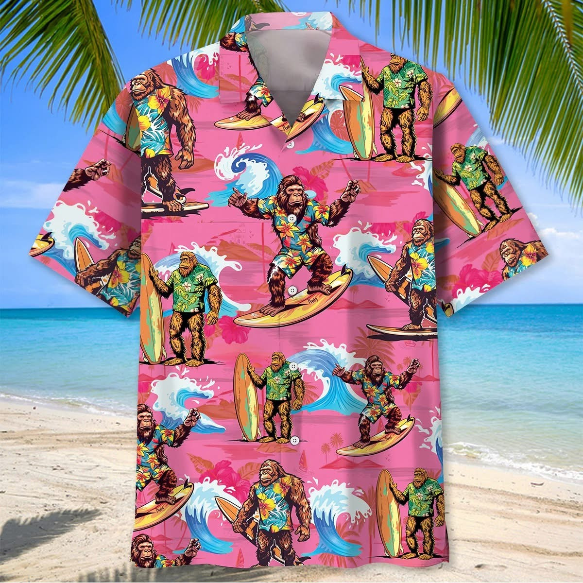 Bigfoot Surfing Red Beach Hawaiian Shirt Funny Sasquatch Aloha Shirt Summer Apparel