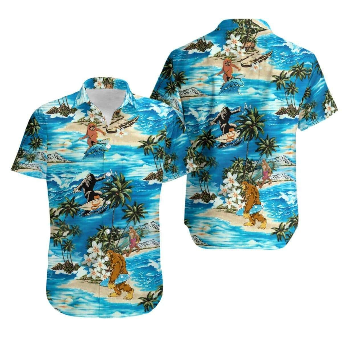 Bigfoot Surfing Sunset Summer Vibe Hawaiian Shirt Tropical Aloha Button Up