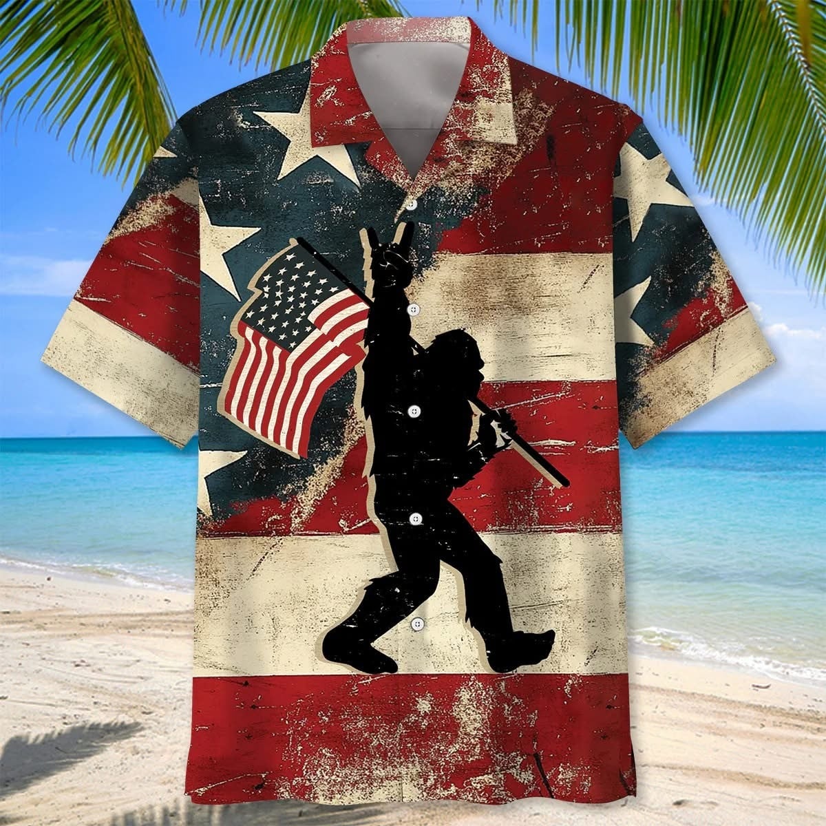 Bigfoot USA Flag Vintage Old Retro Hawaiian Shirt Sasquatch Patriotic Aloha Shirt Summer