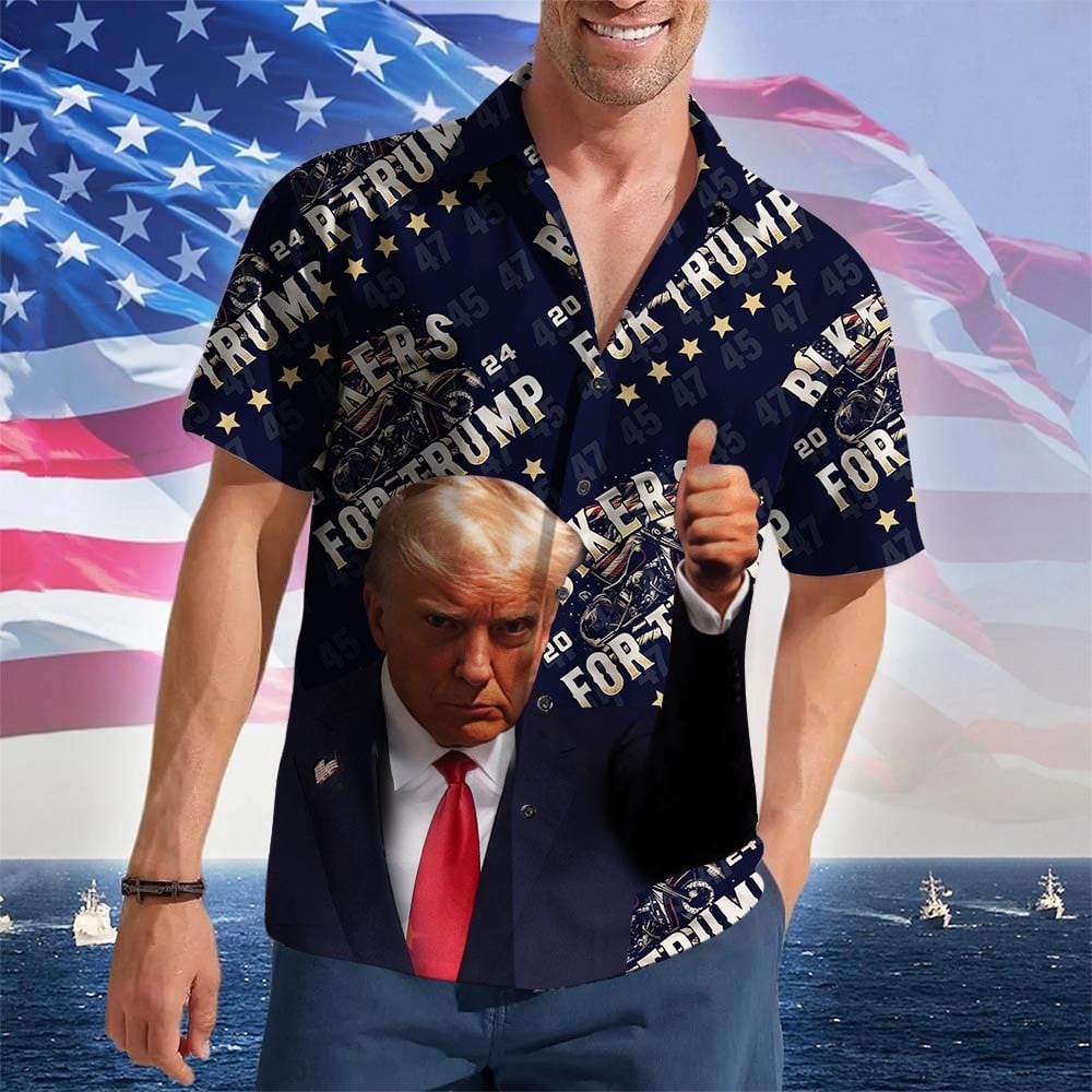 Bikers For Trump 2024 Hawaiian Shirt Donald Trump 45 47 MAGA Button Up Gifts For Bikers