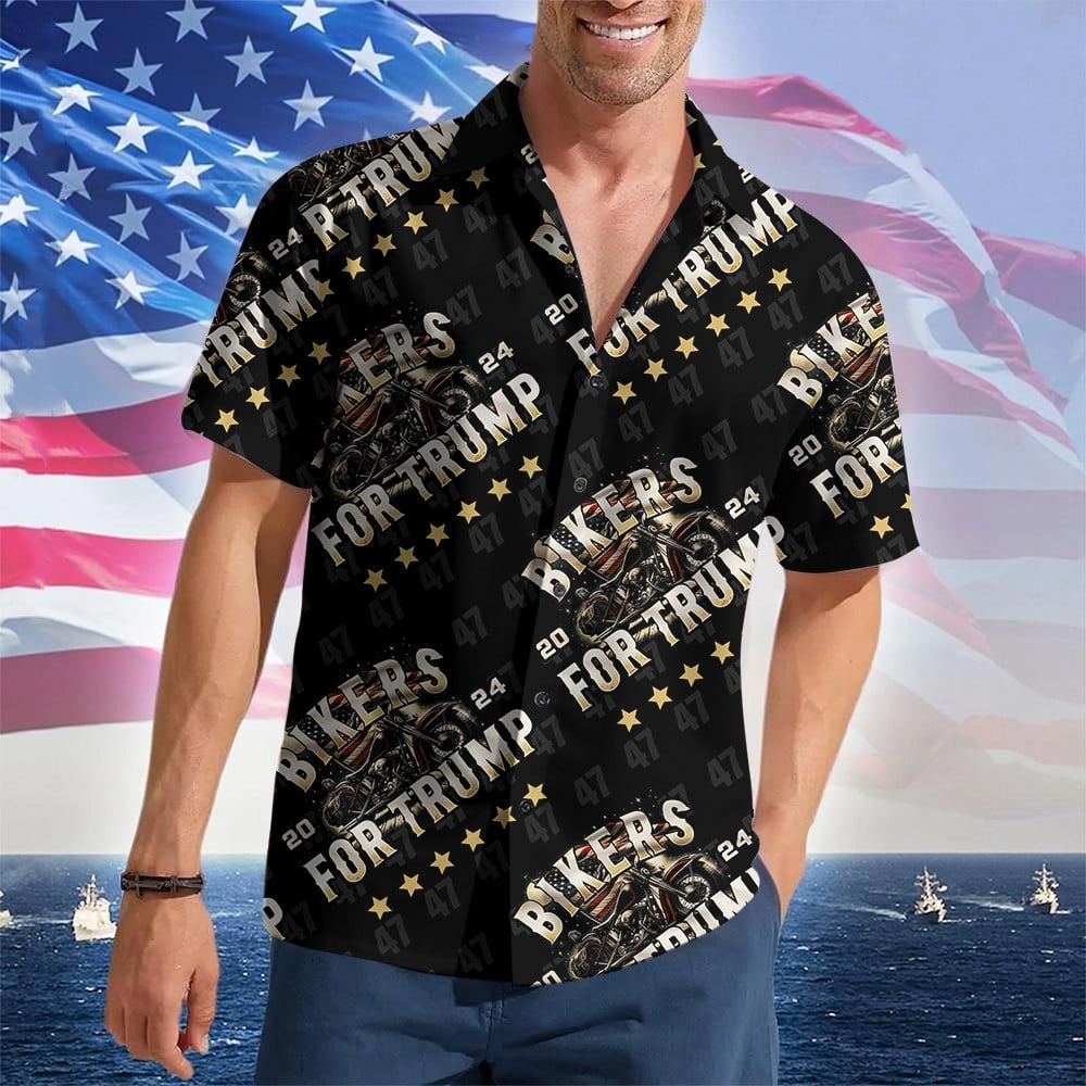Bikers For Trump 2024 Hawaiian Shirt Trump For President 47th Button Up Shirt Gifts For Bikers