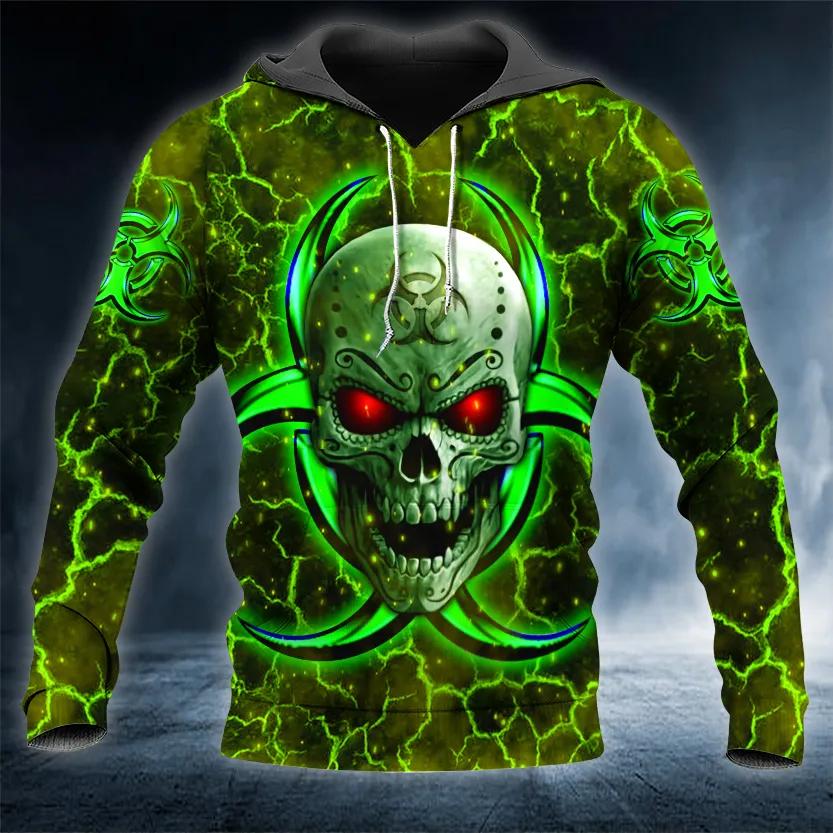 Biohazard Symbol Green Flame Skull 3D All Over Print Hoodie