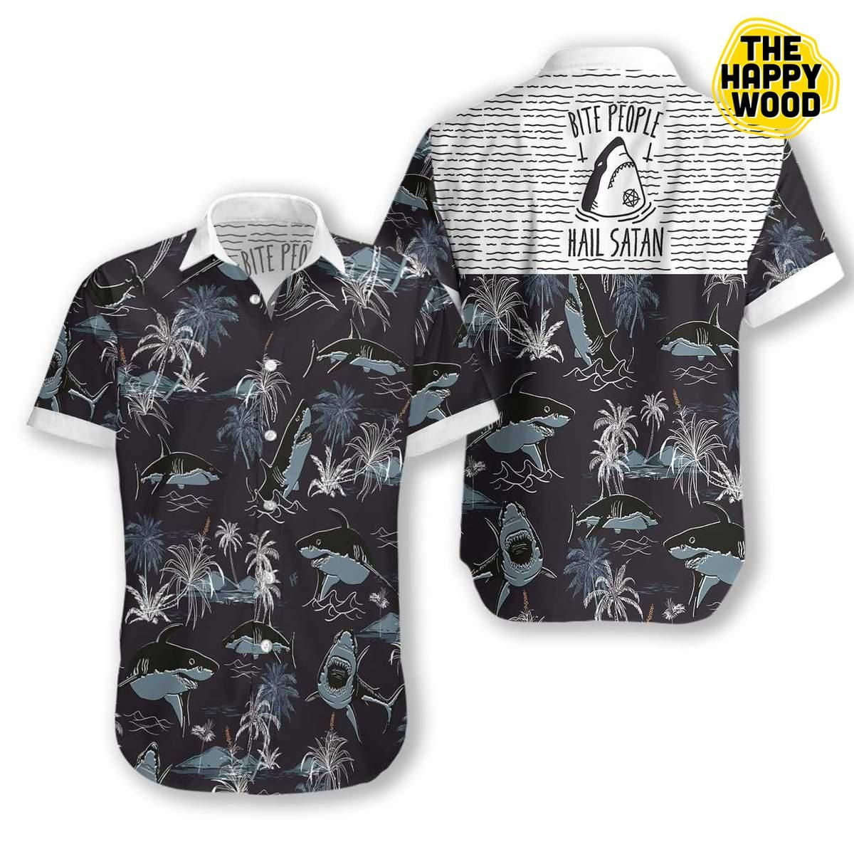 Bite People Hail Satan Shark Hawaiian Shirt Tropical Aloha Button Up