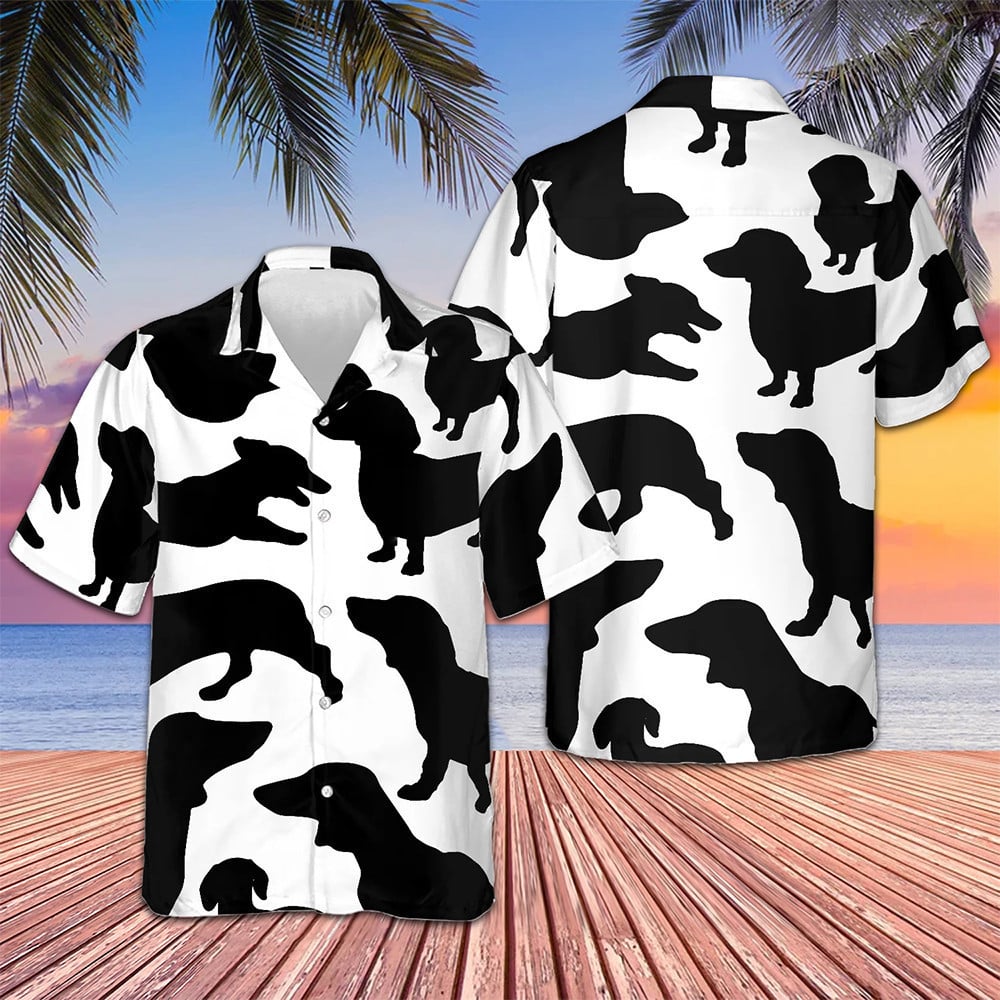 Black And White Dachshunds Pattern Hawaiian Shirt Vacation Button Up Shirt Dog Lovers Gifts