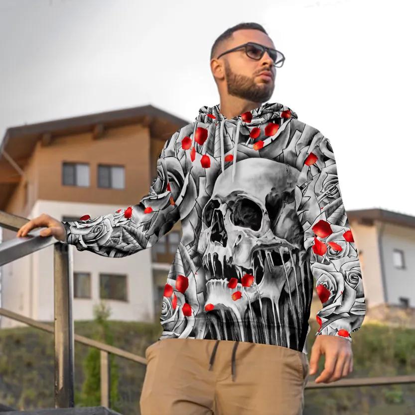 Alternative view of Black And White Roses Skull All Over Print Hoodie