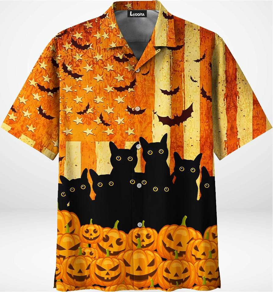 Black Cat Happy Halloween Hawaiian Shirt Tropical Aloha Button Up