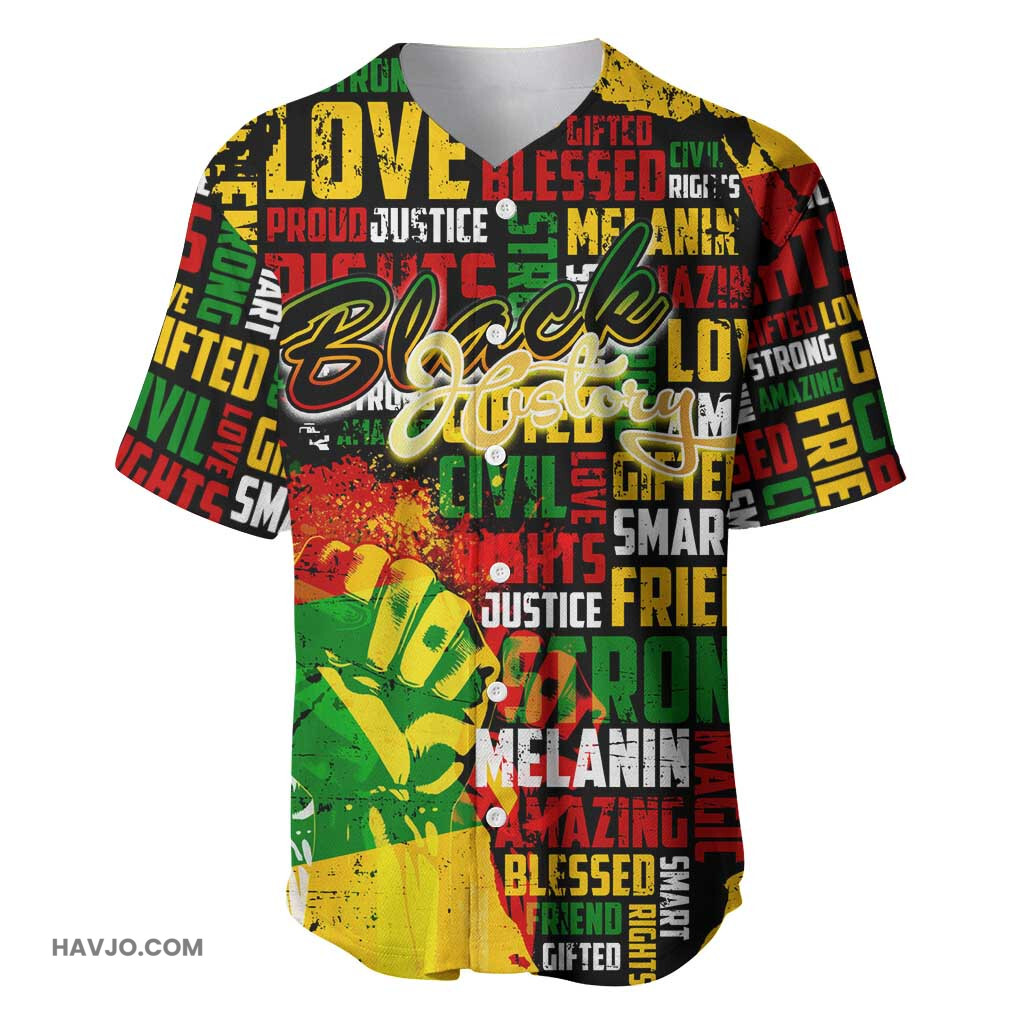 Black History Month Africa Strength Love and Justice Typography Baseball Jersey