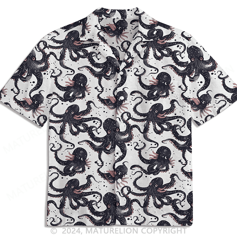 Black Octopus Silhouette Hawaiian Shirt Comical Men’s Shirt Funny Graphic Tee with Quotes
