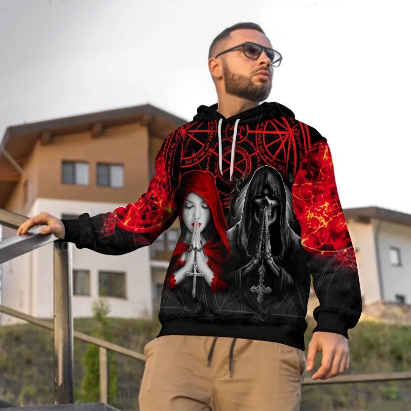 Alternative view of Black Red Gothic Prayer Skull 3D All Over Print Hoodie