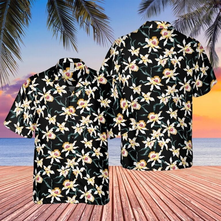 Black Star Orchids Pattern Hawaiian Shirt Thomas Magnum Tom Selleck Magnum PI Aloha Shirt