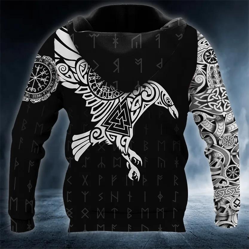 Alternative view of Black White Viking Raven Tattoo 3D All Over Print Hoodie