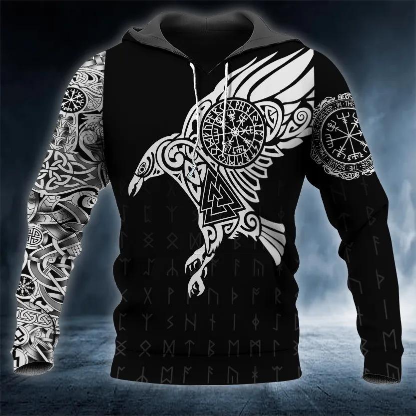 Black White Viking Raven Tattoo 3D All Over Print Hoodie