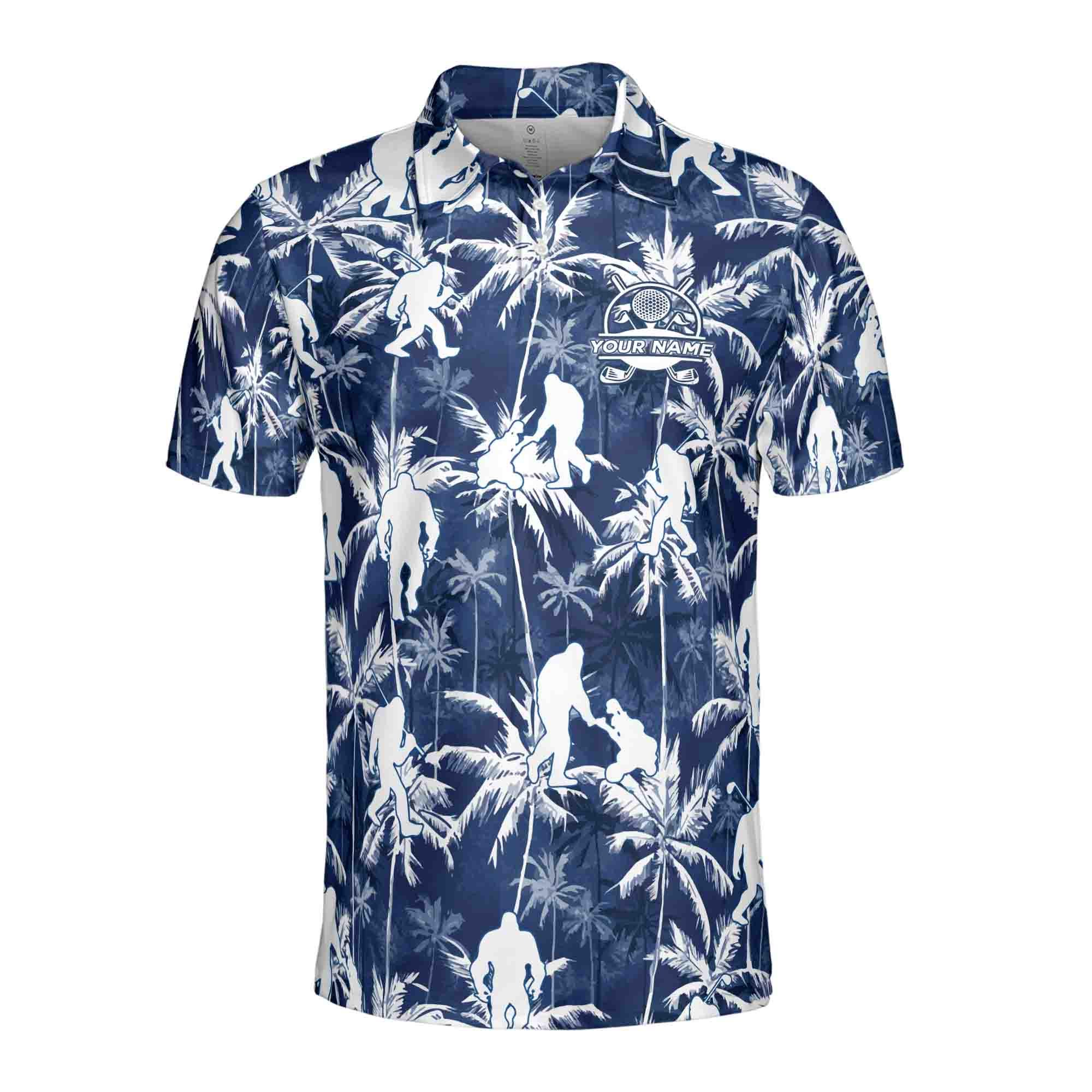 Alternative view of Blue Bigfoot In Tropical Forrest Golfer Personalized Golf Men's Polo Shirt