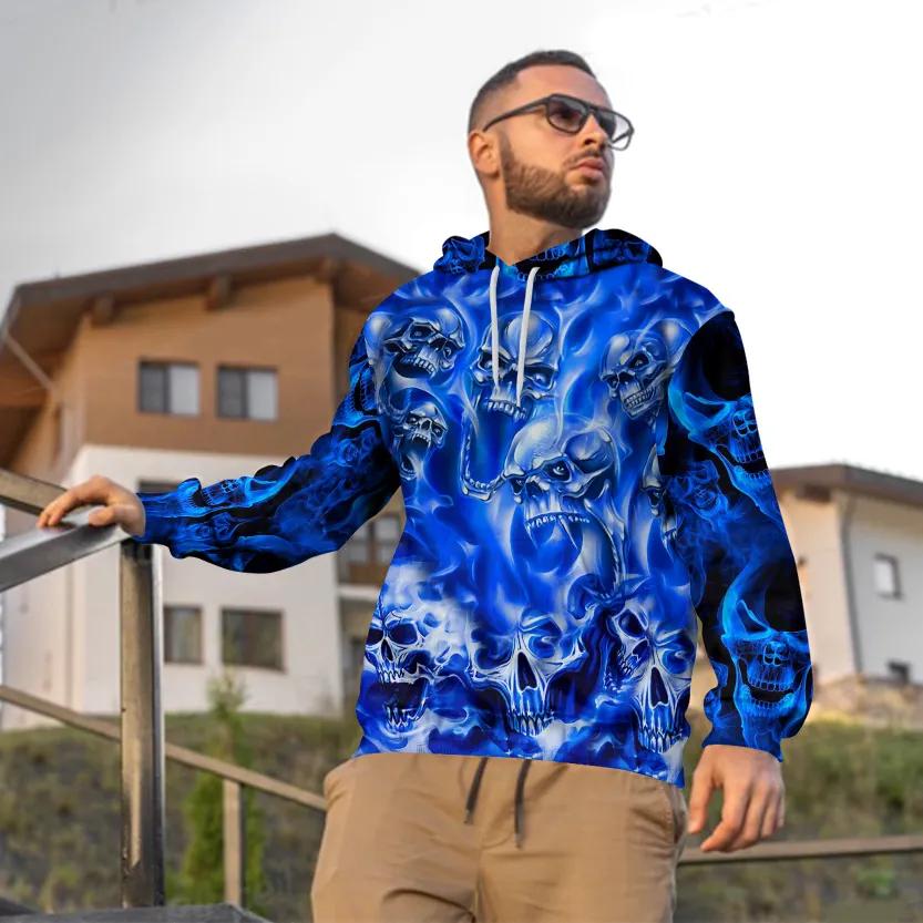 Alternative view of Blue Flame Pile Skull 3D All Over Print Hoodie