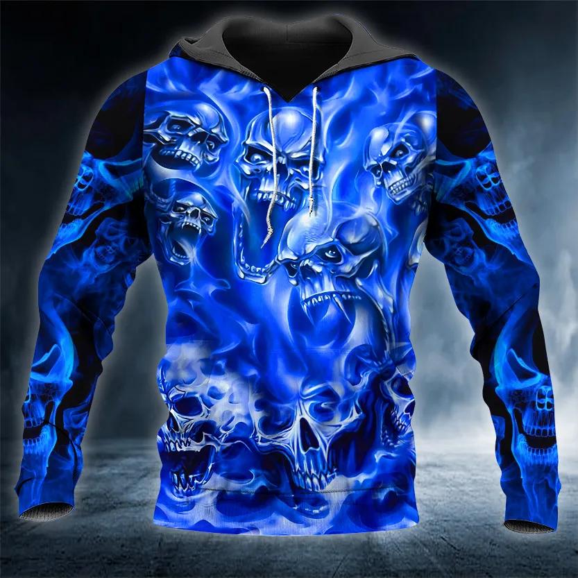 Blue Flame Pile Skull 3D All Over Print Hoodie