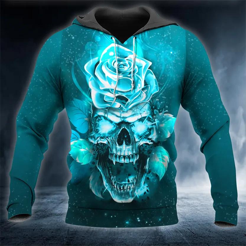 Blue Rose Fantasy Skull 3D All Over Print Hoodie