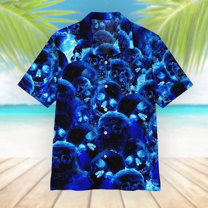 Blue Skull Hawaiian Shirt Gothic Flame Button Up Shirt Gifts With Skulls On Them