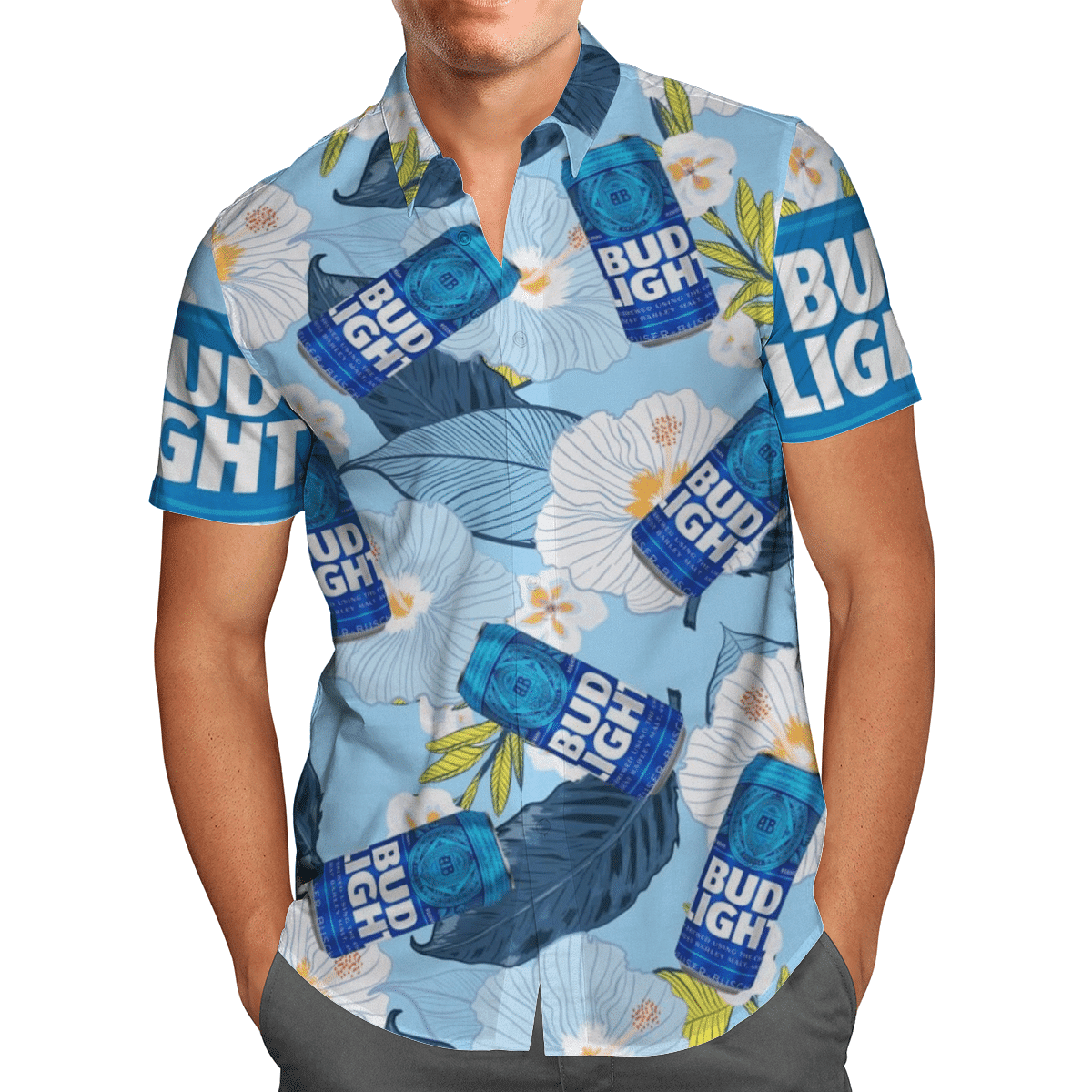 Bud Light Beer Tropical Flower Hawaiian Shirt Tropical Aloha Button Up