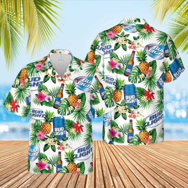 Bud Light Blue Hawaiian Shirt Tropical Aloha Button Up