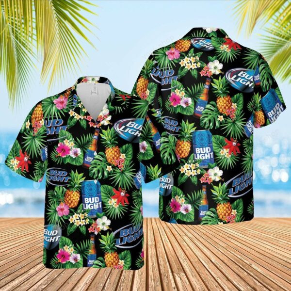 Bud Light Blue Tropical Flower Hawaiian Shirt Tropical Aloha Button Up