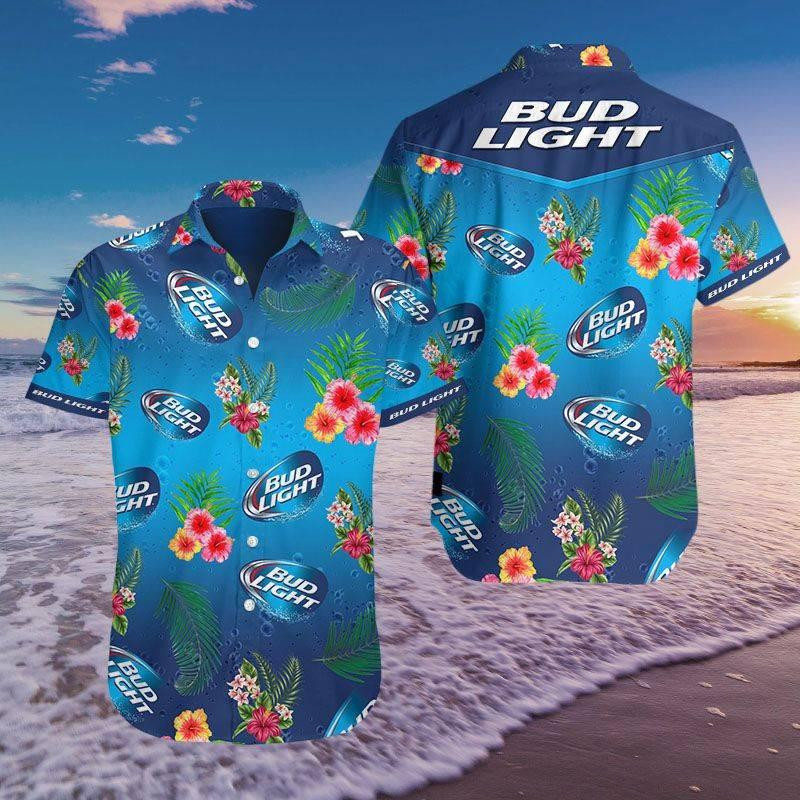 Bud Light Tropical Flower Hawaiian Shirt Tropical Aloha Button Up