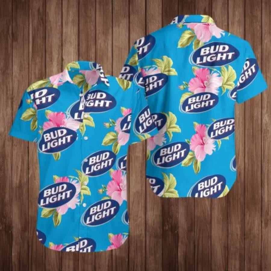 Bud Light Tropical Flower Hawaiian Shirt Tropical Aloha Button Up