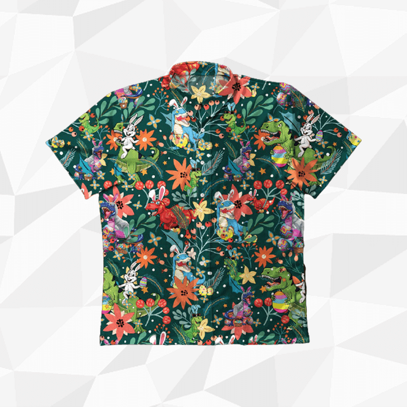 Buy Funny Dinosaur Easter Day Hawaiian Shirt Tropical Aloha Button Up