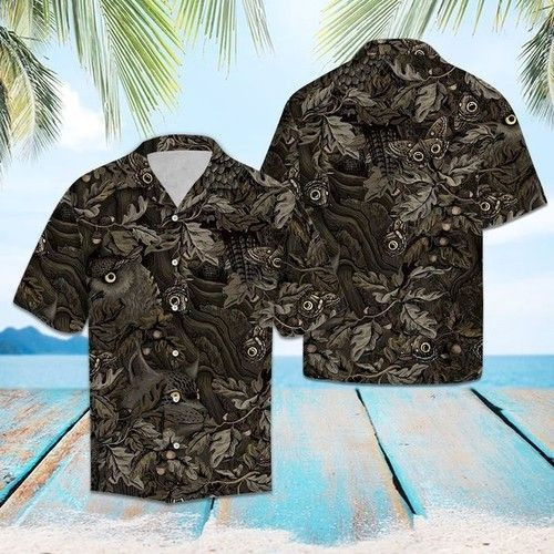 Camouflage Owl Butterfly Hawaiian Shirt Tropical Aloha Button Up