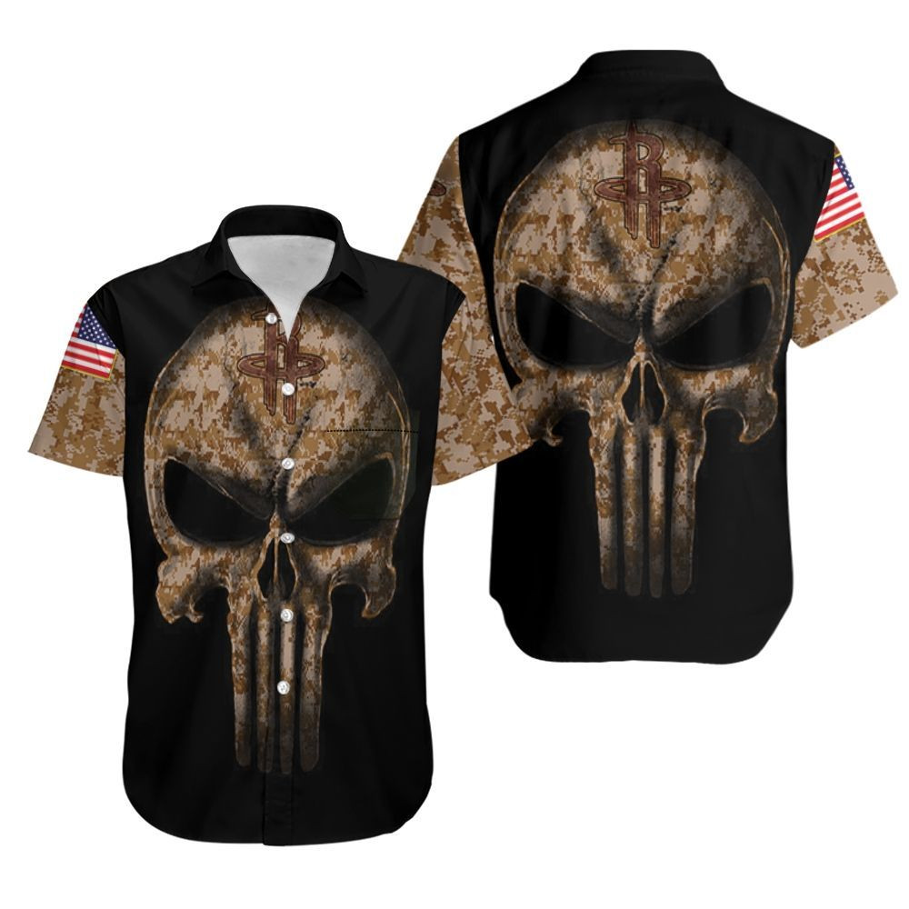 Camouflage Skull Houston Rockets American Flag Hawaiian Shirt Tropical Aloha Button Up